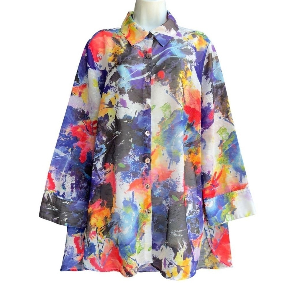 John Mark Georgette Sheer Tunic Top Women's XL Multicolor Geometric Blouse